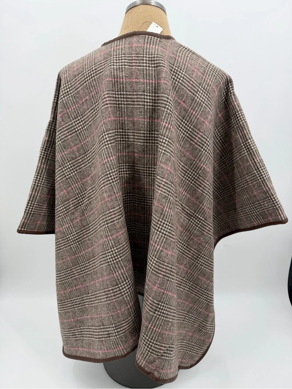 Talbots Wool Blend Plaid Cape Poncho M/L Brown Pink Glen Plaid Faux Leather Trim
